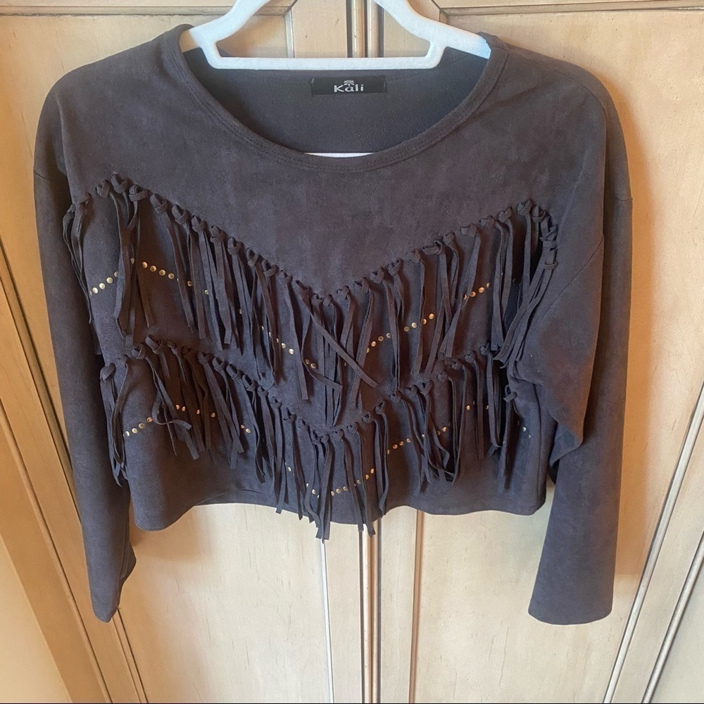 Womens Western Fringe Cowgirl Rodeo Long Sleeve Crop Faux Suede Top